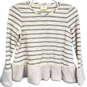 Maeve by Anthropologie Striped Peplum Sweater Top XS Cream Gray Faux Fur Trim